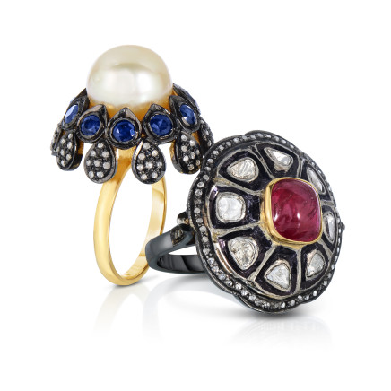Cocktail rings with pearl, ruby, sapphire and uncut diamonds