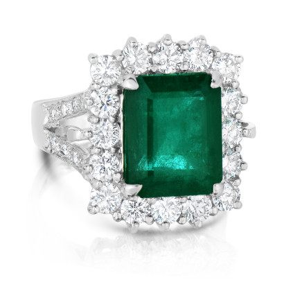 Rectangular emerald and diamond engagement ring